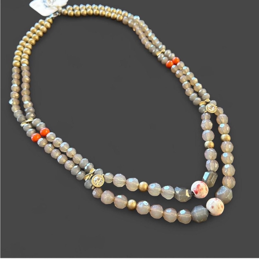 NWT Double Stranded Gold, Grey, and Orange Beaded Necklace